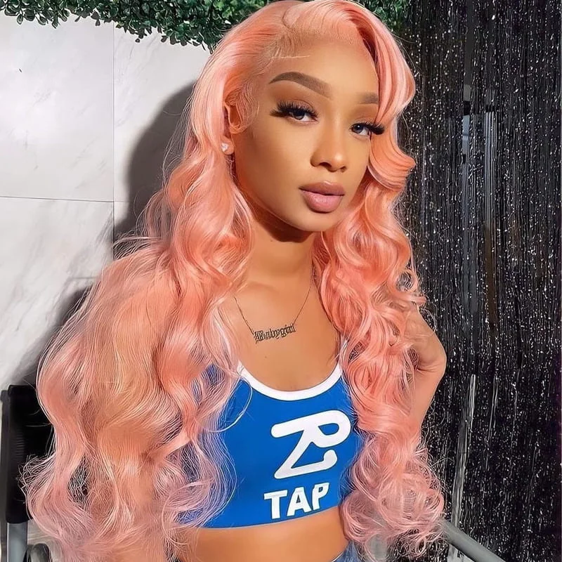 Colored wig with a wispy fringe for a soft and feminine look13x4 Lace Front Wig Light Pink Color New Wavy Hair Pre Colored Wigs