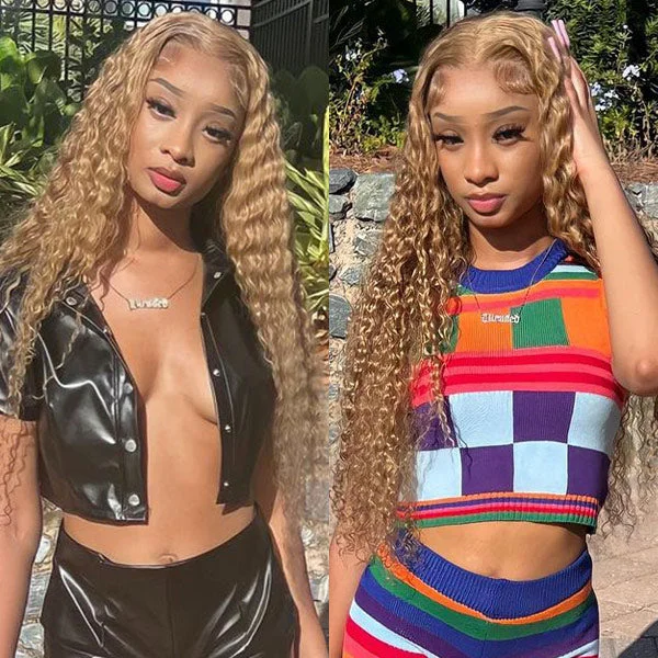 Colored wig with a side - swept bang for a sophisticated lookDeep Wave #27 Honey Blonde Human Hair Lace Front Wigs Deep Curly Color Hair Wigs