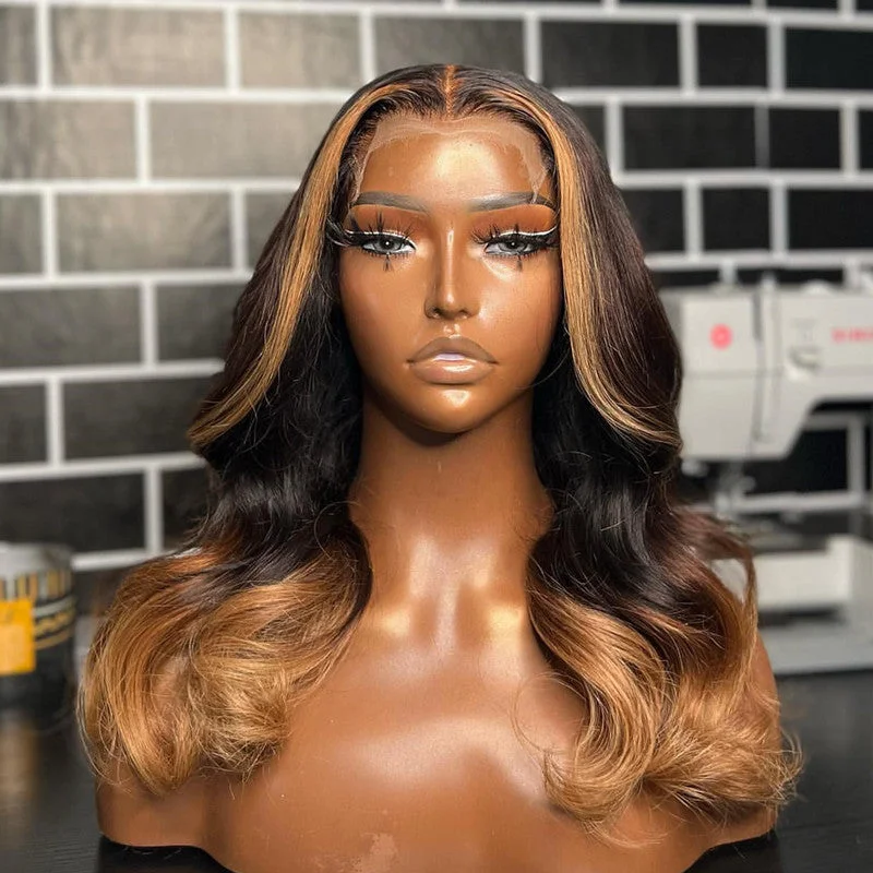 Colored wig with a blue - green ombre effect for a unique and trendy appearance5x5 Lace Closure Wig Ombre Brown with Extra Highlights Body Wave