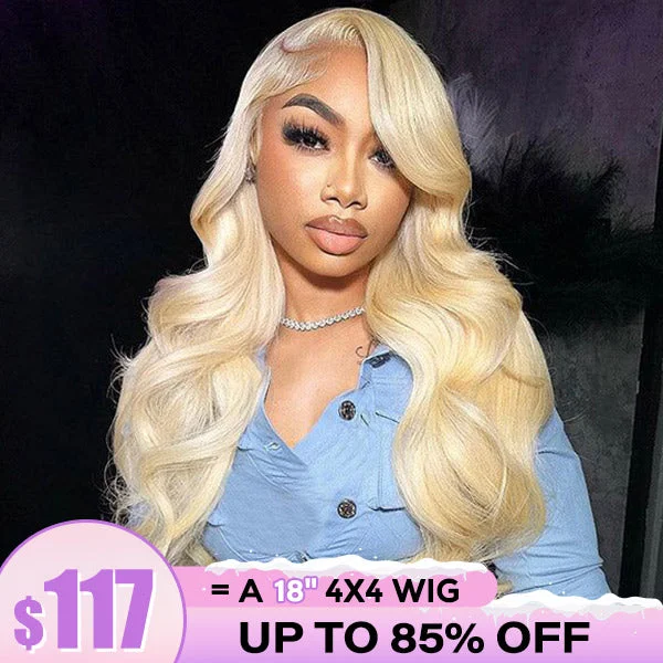 Colored wig with a straight texture for a sleek and minimalist lookClearance Sale | 4x4 Lace Closure 613 Blonde Body Wave Human Hair Wig