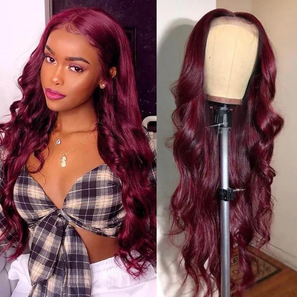 Colored wig with a 150 - density for a full and thick appearanceOQHAIR 13x4 4x4 Lace Frontal 99J Body Wave Human Virgin Hair Lace Front Wigs