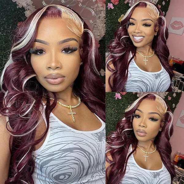 Colored wig in a vibrant pink color for a bold and eye - catching lookRed Wine and Blonde Skunk Stripe Color Wig Straight 13x4 Lace Front Wig Made of 100% Human Hair