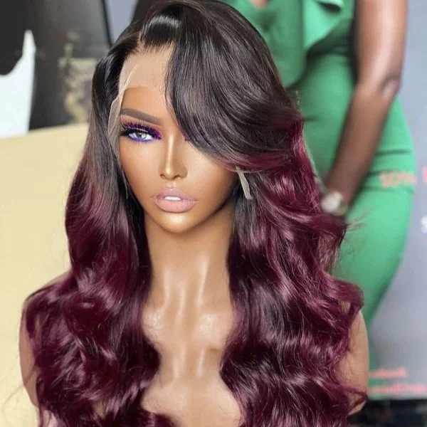 Colored wig with a natural - looking root for a more realistic lookLimited Design | Alyssa Cabernet Ombre Glueless 13x4 Frontal Lace Right Side Part Long Wig | Large & Small Cap Size