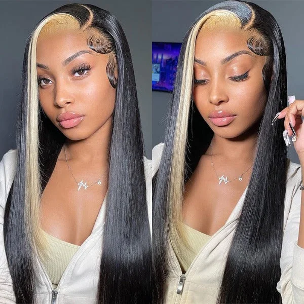 Colored wig with a natural - looking root for a more realistic lookBlonde and Black Skunk Stripe Color Wig Straight Full Human Hair 13x4 Lace Front Wig