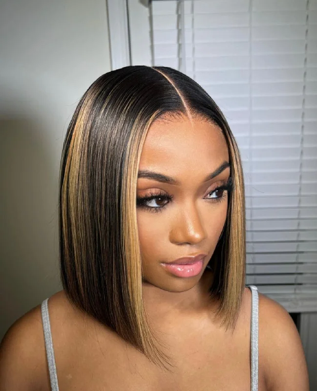 Colored wig with a side - part for a more flattering appearanceBlonde Highlights 5x5 Invisible HD Lace Closure Bob Wig