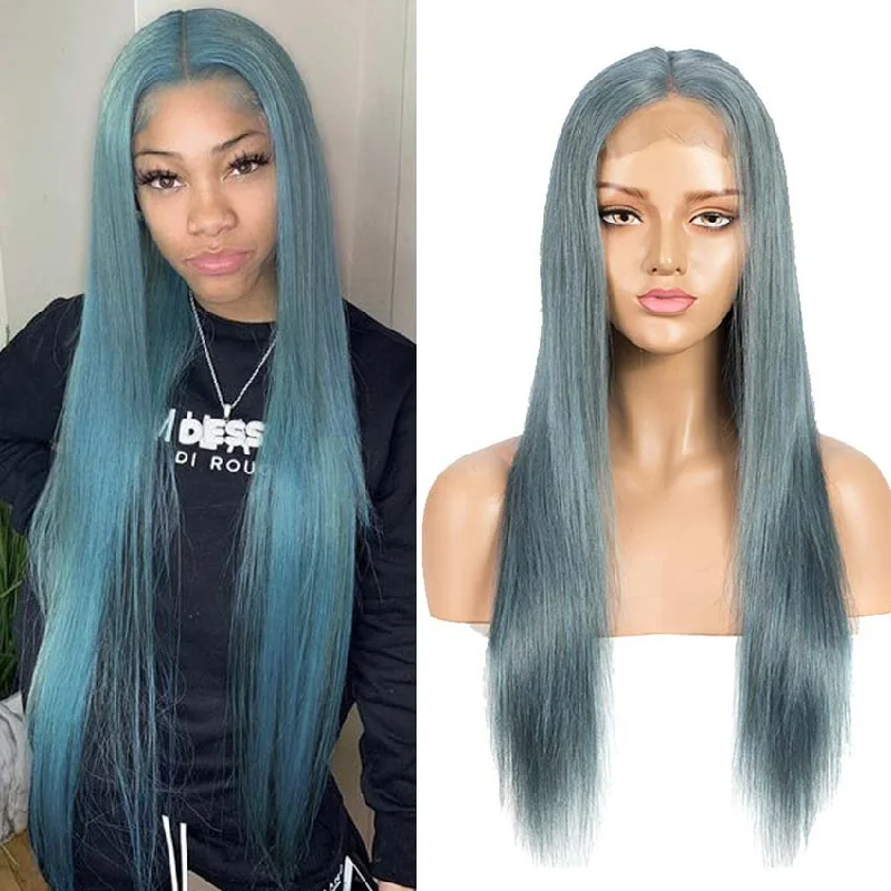 Colored wig with a pre - bleached knot for a natural - looking scalpRebecca Fashion Highlight Blue 100% Human Hair Wigs Straight 4x4 HD Lace Simulated Scalp Wigs 150% Density