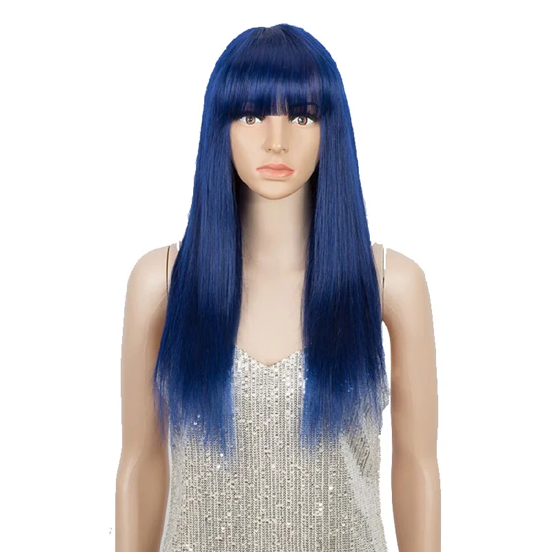 Colored wig with a purple - violet shade for a regal and elegant lookRebecca Fashion Blue Wig Human Hair No-lace Wigs With Bangs For Women