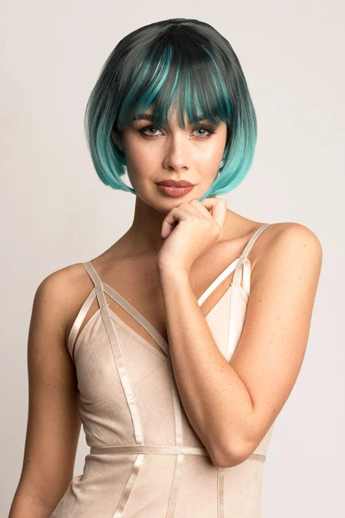 Colored wig with a middle - part for a classic and elegant styleBob wig, black ombre blending to turquoise: Amara