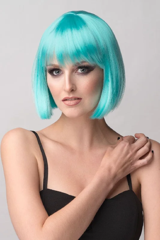 Colored wig with a red - orange hue for a warm and energetic lookTurquoise bob wig  with full fringe: Iris