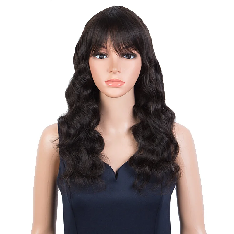 Colored wig in a vibrant pink color for a bold and eye - catching lookRebecca Fashion Body Wave Human Hair Wigs with Bangs 100% High-quality Human Hair Wig with Bangs for Black Women 130% Density Natural Black color