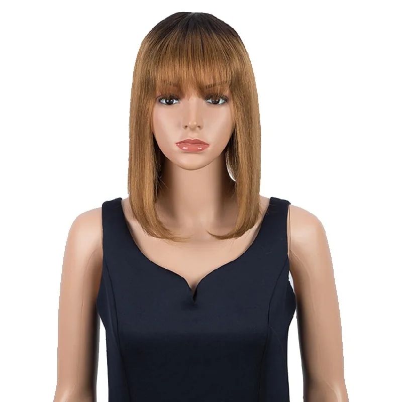 Colored wig with a red - orange hue for a warm and energetic lookRebecca Fashion Brown And Black Ombre Human Hair Wigs Short Bob Wig With Bangs