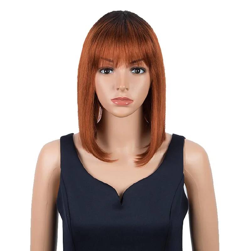 Synthetic colored wig with a heat - resistant formula for easy stylingRebecca Fashion Brown Red Auburn Ombre Straight Wig With Bangs 10 Inch Short Bob Wigs