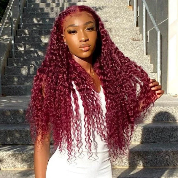 Colored wig with a straight texture for a sleek and minimalist lookBurgundy 99J Color Deep Wave Lace Frontal and Closure Wig Pre Plucked Human Hair Wig On Sale