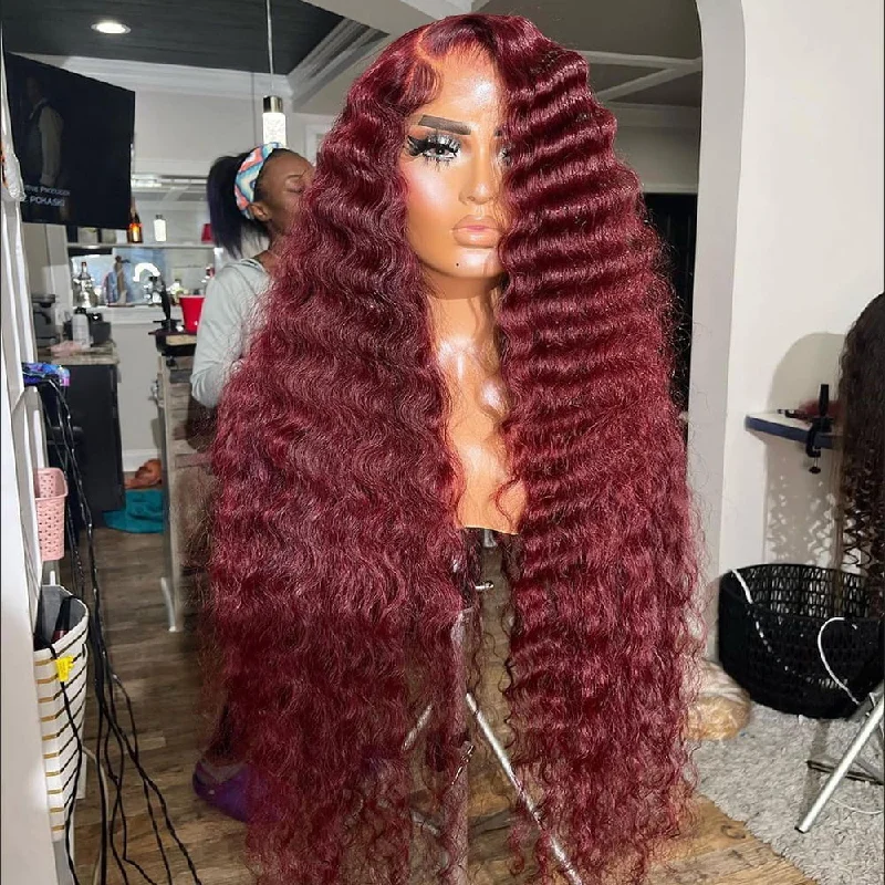 Colored wig in a vibrant pink color for a bold and eye - catching lookBurgundy Color Deep Wave Lace Front Wig Human Hair Wigs For Woman