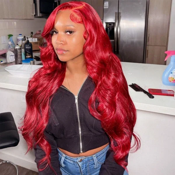 Colored wig with a pre - bleached knot for a natural - looking scalpCherry Red Color Lace Front & Closure Wig Pre-Colored Human Hair Wigs With Pre-Plucked Hairline