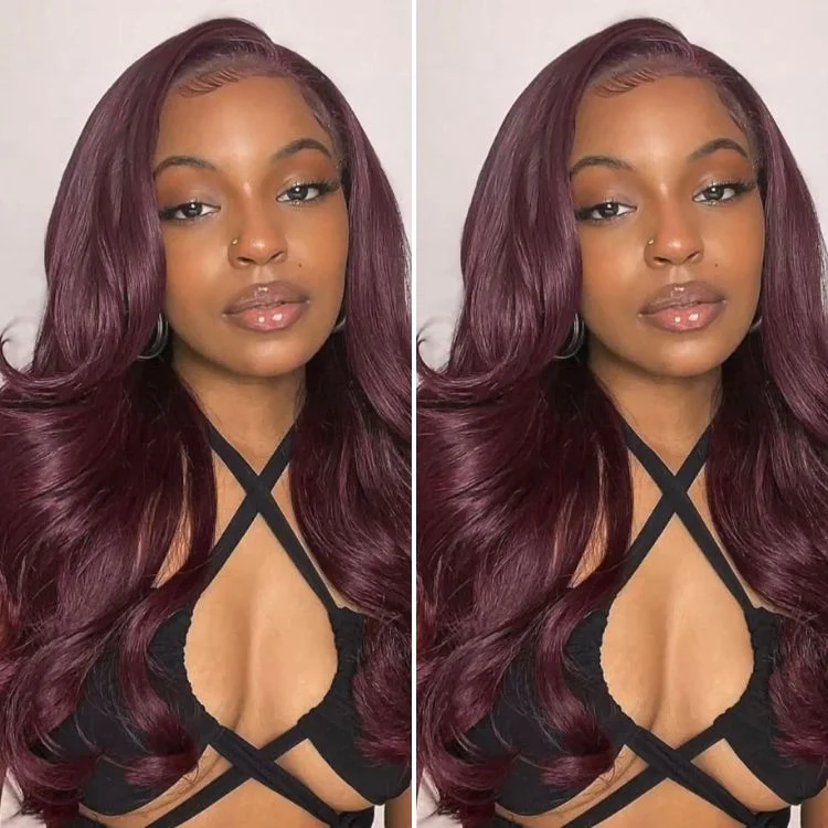 Synthetic colored wig with a heat - resistant formula for easy stylingChic Burgundy 99J Layered Cut Loose Body Wave Glueless 5x5 Closure Lace Human Hair Wig Pre-Cut Lace