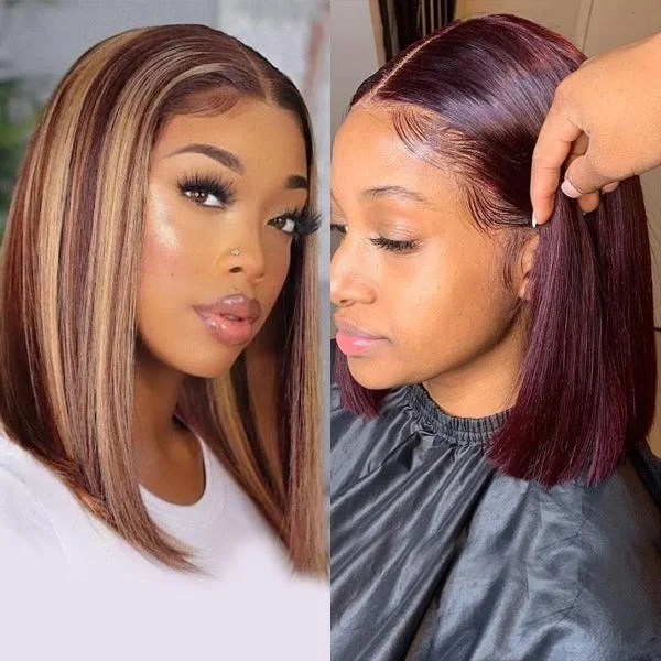 Colored wig with a side - swept bang for a sophisticated lookHighlight 4/27 Color & 99J Color Bob Wigs Human Virgin Hair Preplucked Lace Front Wigs