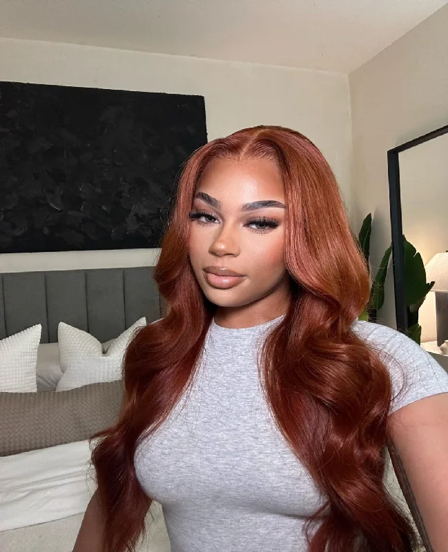 Colored wig with a wavy texture for a beachy and fun lookCopper Invisible HD Lace Front Wig