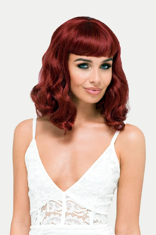 Colored wig with a silver - grey color for a trendy and cool - toned lookCopper red 1950s pinup wig, curled with short fringe: Kitty