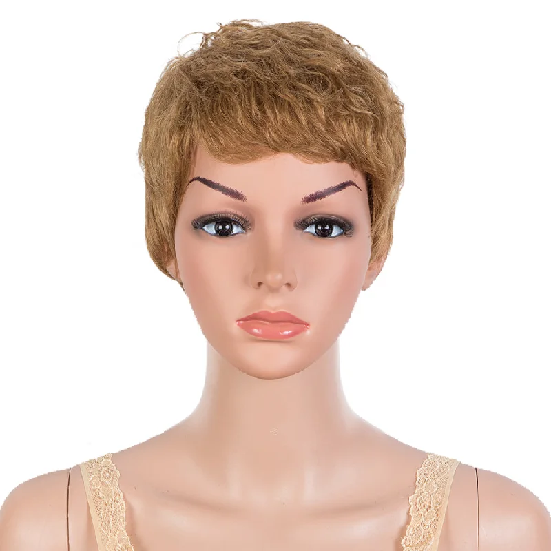 Colored wig with a natural - looking root for a more realistic lookRebecca Fashion Human Hair Wigs Pixie Cut Wigs 9 Inch Short Curly Wig Brown Color