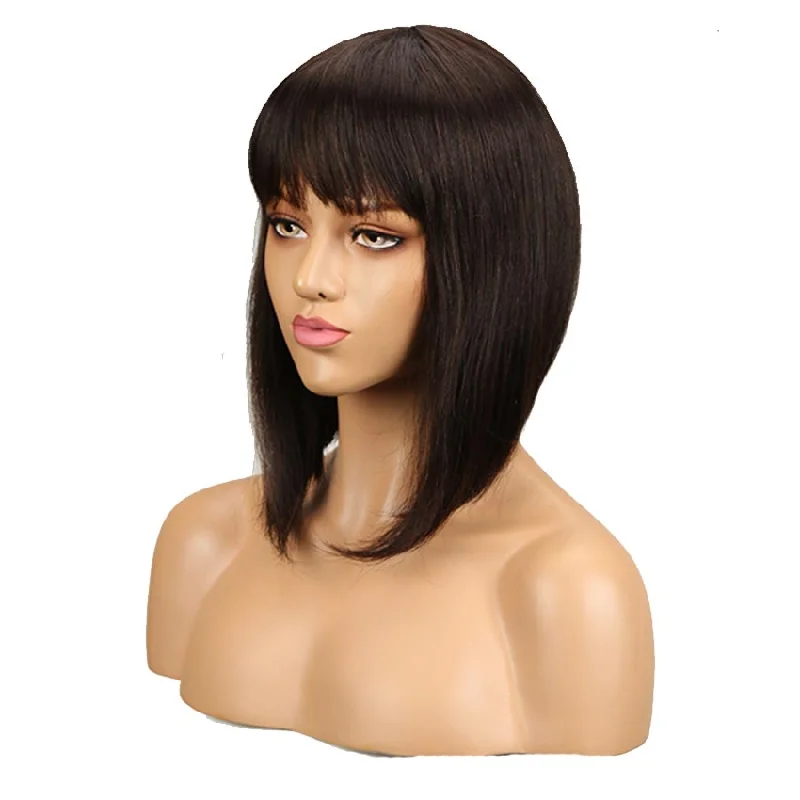 Colored wig with a wispy fringe for a soft and feminine lookRebecca Fashion Dark Brown Straight Human Hair Wigs With Bangs for African American