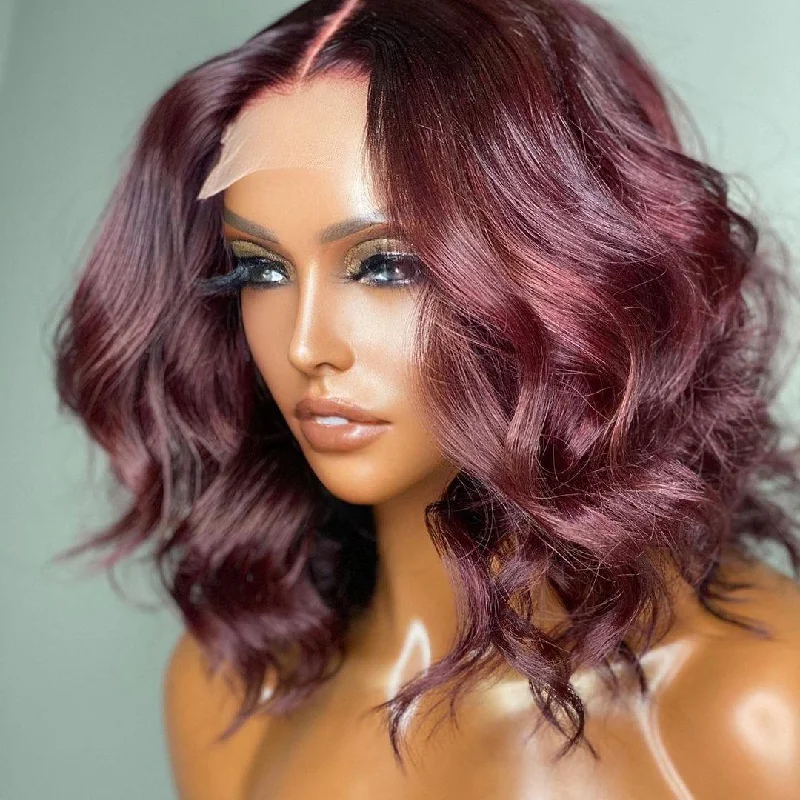 Colored wig with a straight texture for a sleek and minimalist lookDark Plum 99J Hair Color Wig Loose Wave Minimalist HD Lace Glueless Mid Part Short Wig 100% Human Hair