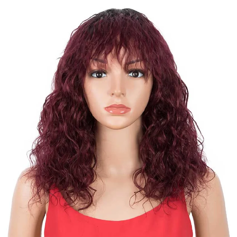 Colored wig with a 150 - density for a full and thick appearanceRebecca Fashion Dark Red Wig Natural Wavy Wig 16 inch Human Hair Wigs With Bangs