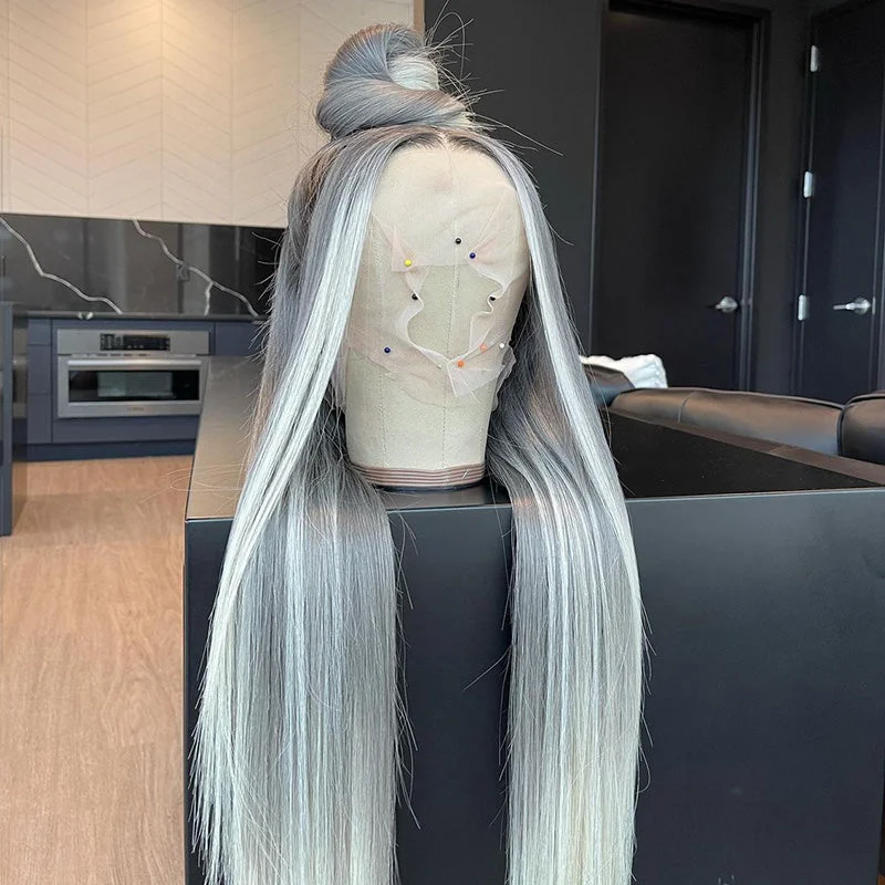 Colored wig with a side - part for a more flattering appearanceDream Gray Skunk Strip Blonde Luxruy Straight Full Frontal Wig