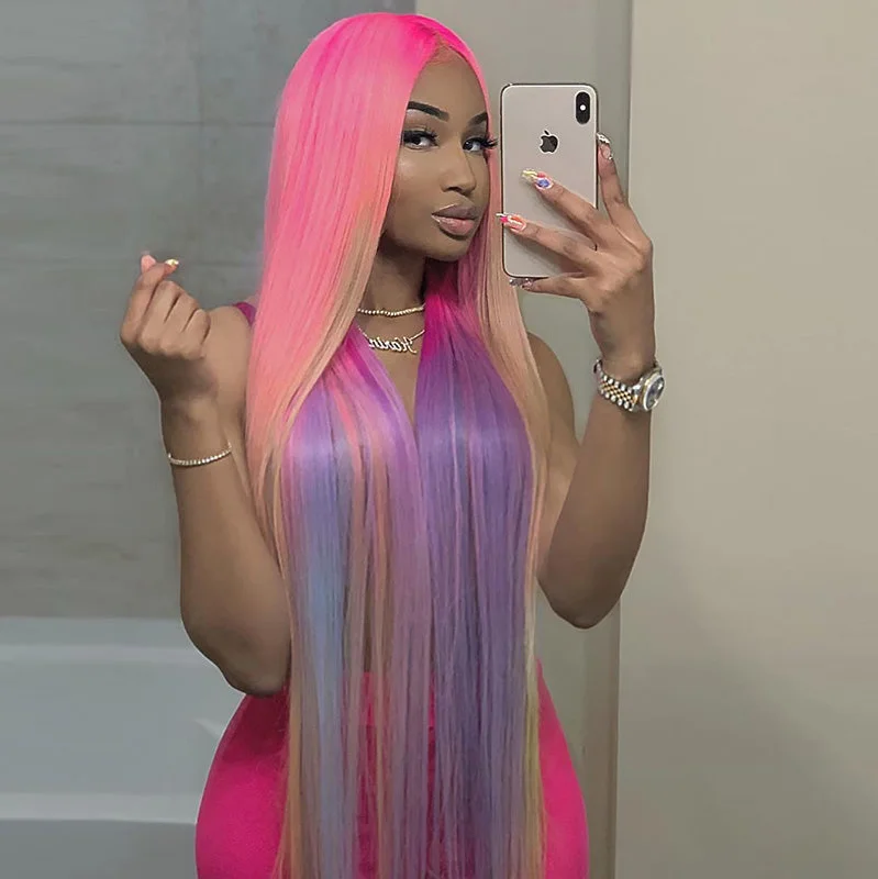 Colored wig with a silver - grey color for a trendy and cool - toned lookDream Pink Ombre Colorful Highlights Long Hair Lace Frontal Wig