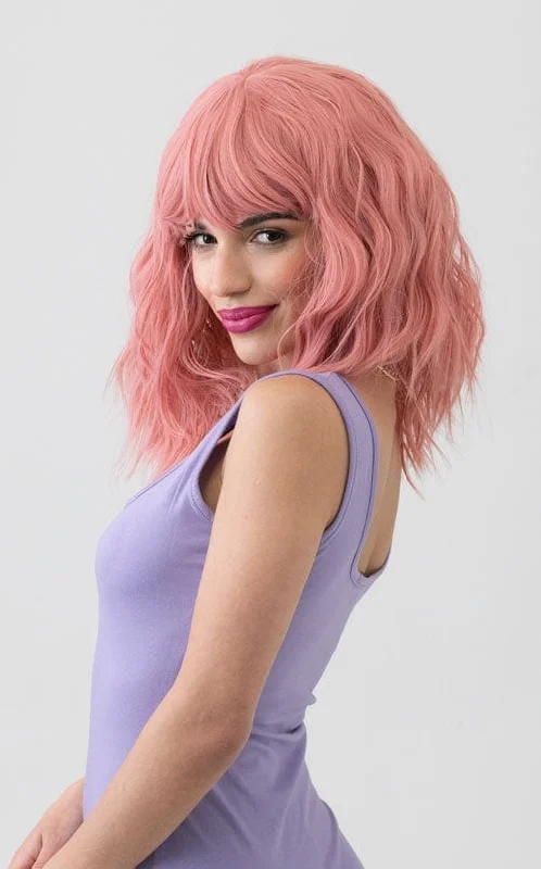 Colored wig with a pre - bleached knot for a natural - looking scalpDusty pink long wavy bob wig (LOB) with textured waves: Fearne