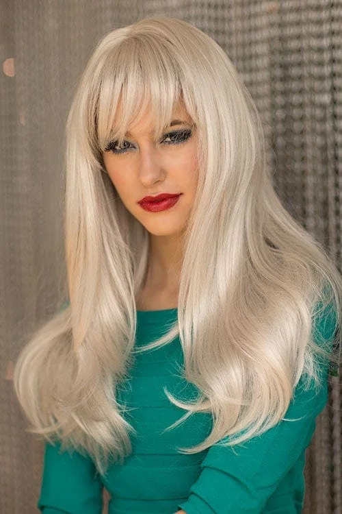 Colored wig with a natural - looking root for a more realistic lookLong silver/grey wig in razor cut, face framing style: London