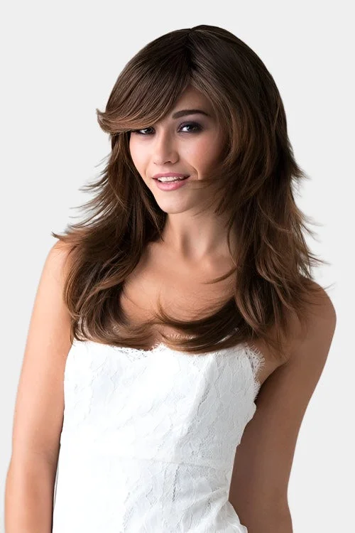 Colored wig with a silk - base cap for a comfortable and smooth feelLong warm brown wig, layered, flicked tips: Selina