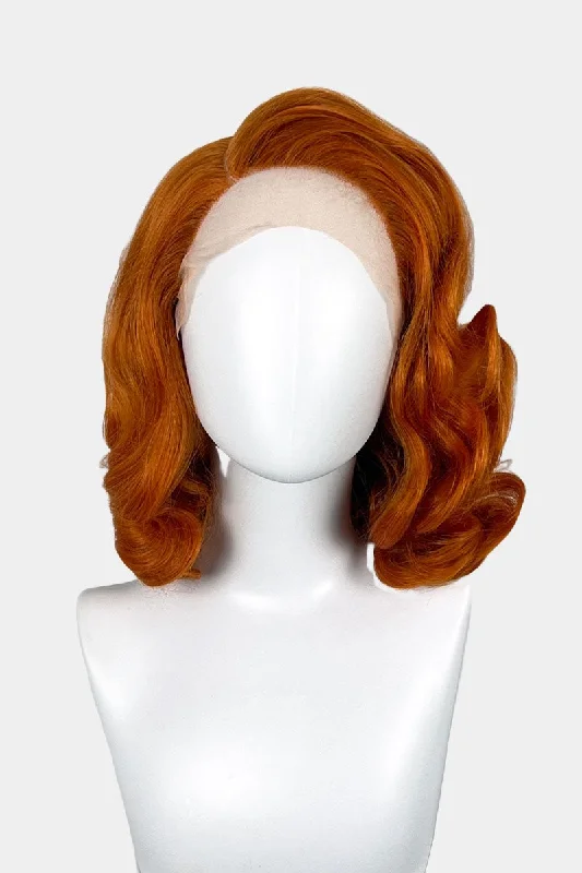 Colored wig with a middle - part for a classic and elegant styleGinger lacefront wig, pinup/vintage style, mid length with finger waves: Flora