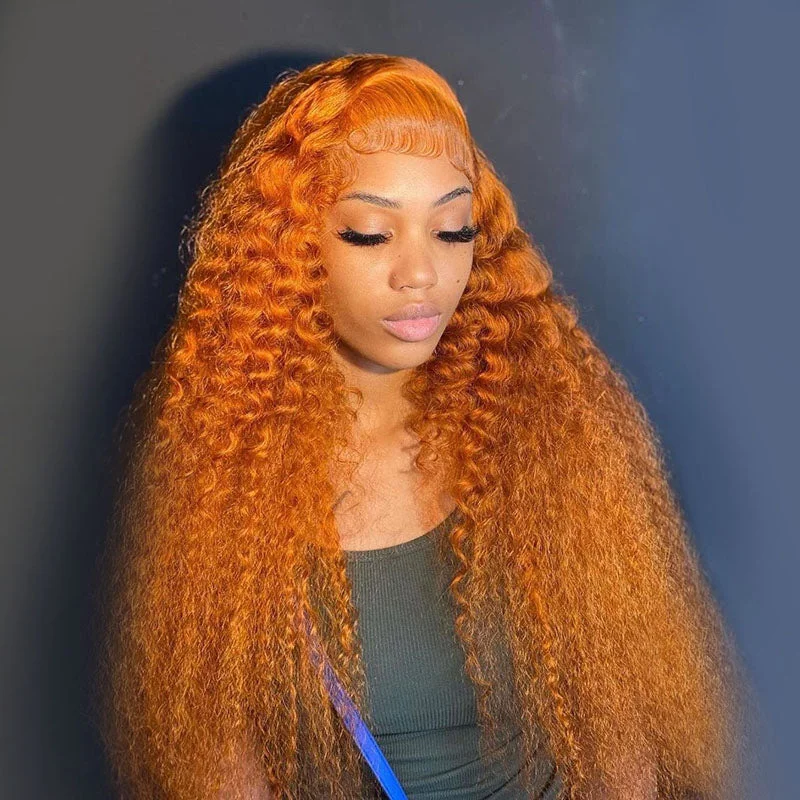 Colored wig with a wispy fringe for a soft and feminine lookGinger Orange Brown Lace Frontal Wig Human Hair Deep Wave Wig