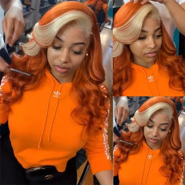 Colored wig with a side - part for a more flattering appearanceGinger Orange With Blonde Streaks Color Body Wave Human Hair 13x4 Lace Front Wig