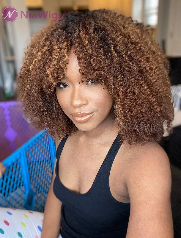 Adjustable - cap colored wig for a comfortable fit#Highlight Afro Kinky Curly Human Hair 5x5 Inches Lace Front Wigs With Bangs