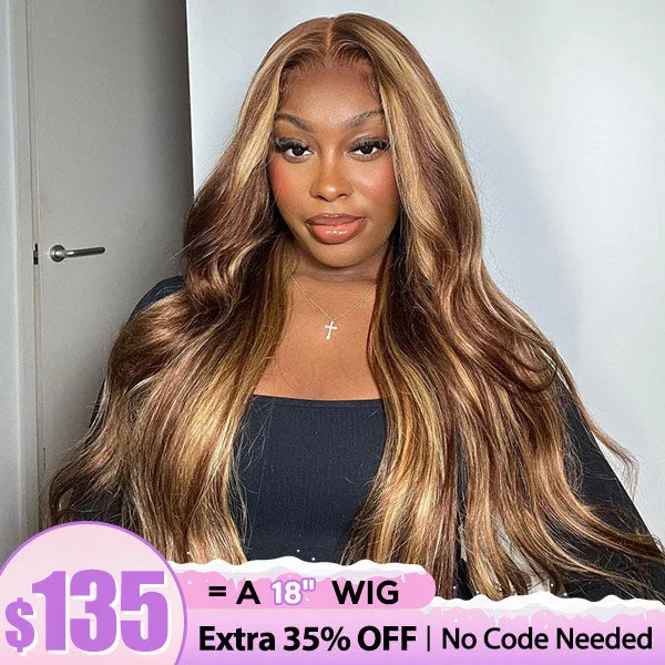 Colored wig with a 150 - density for a full and thick appearanceClearance Sale | 4/27 Highlight Body Wave 13x4 Transparent Lace Lace Front Wigs Human Hair Pre-Plucked Color Wigs