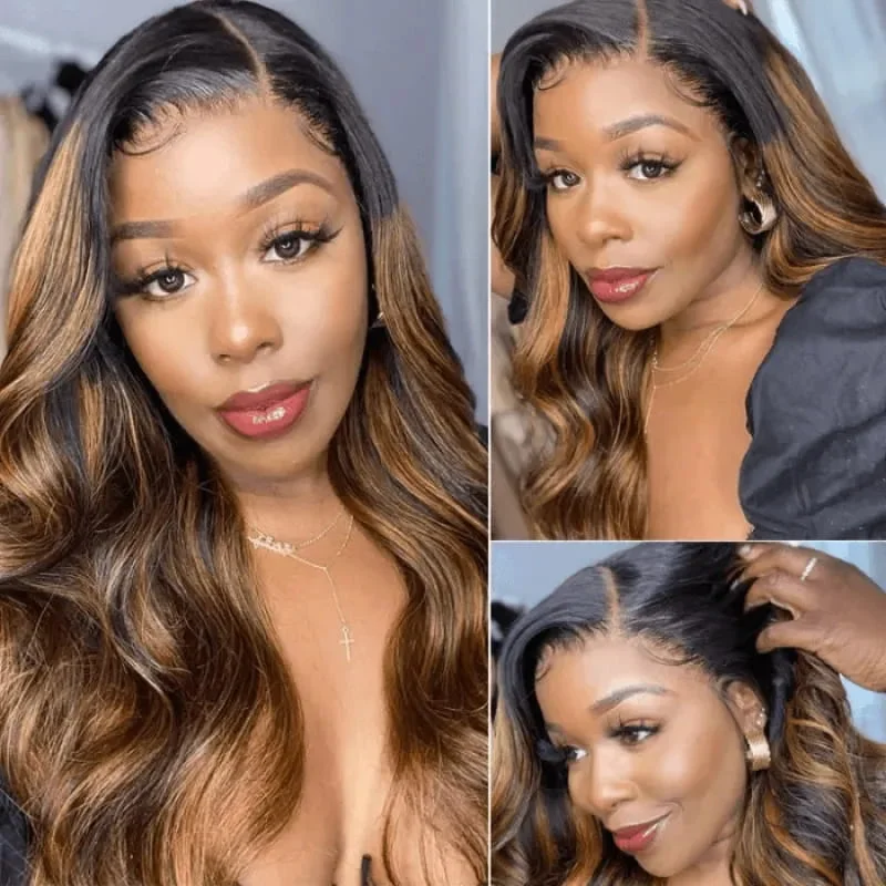 Colored wig with a natural - looking root for a more realistic lookHighlight Ombre Brown Lace Frontal Wig Body Wave Pre Plucked