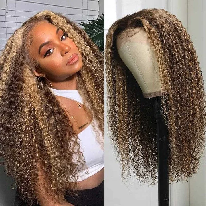 Colored wig with a wavy texture for a beachy and fun lookHighlighted Brown 4/27# Lace Frontal Wig Jerry Curly