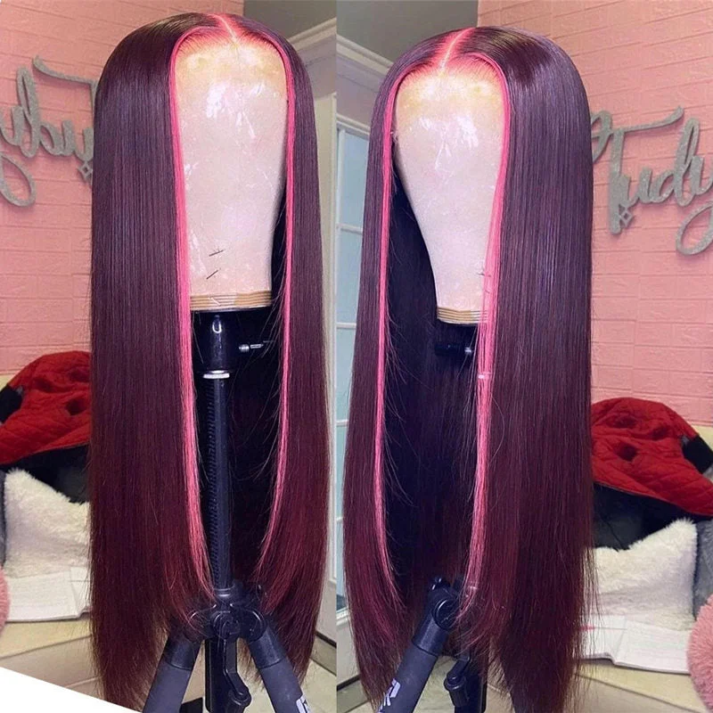 Colored wig with a 150 - density for a full and thick appearanceHot Look Burgundy Color With Pink Highlight 13x4 Lace Front Wigs Stright HaIrstyle