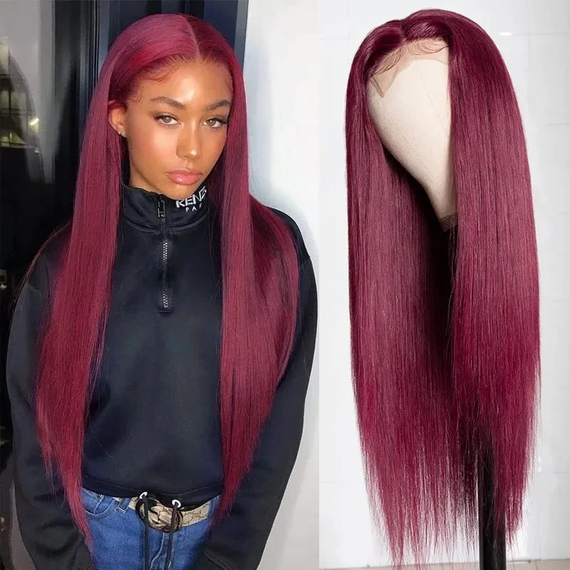 Colored wig with a wispy fringe for a soft and feminine lookHot Sale Burgundy Color 4x4 Straight Closure Wig