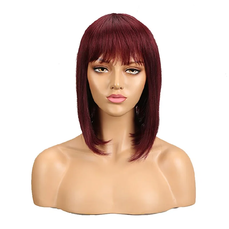 Colored wig with a side - swept bang for a sophisticated lookRebecca Fashion Human Hair Red Wigs 99J Straight Bob Basic Cap Wigs With Bangs