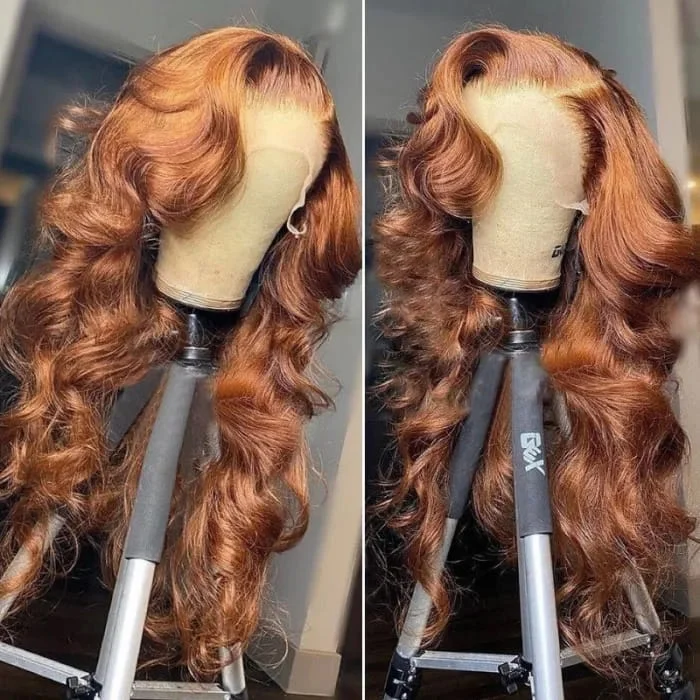 Colored wig with a red - orange hue for a warm and energetic lookLight Auburn 13x4 Lace Frontal Wig Loose Wave Pre Plucked