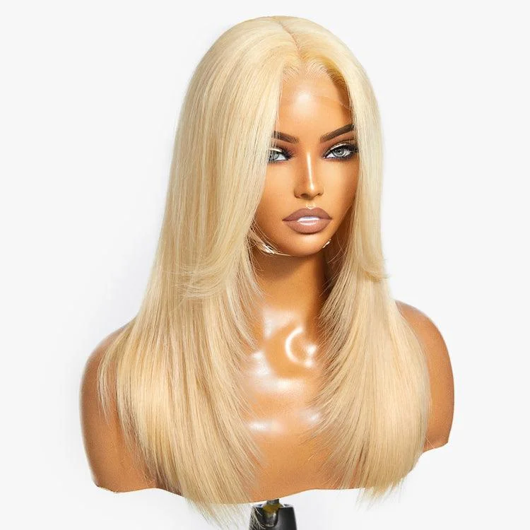 Colored wig with a middle - part for a classic and elegant styleLimited Design | 613 Blonde Curtain Bangs Layered Cut Glueless 5x5 Closure HD Lace Wig