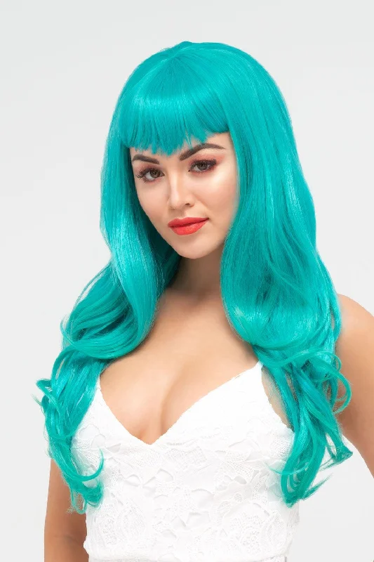 Human - hair colored wig for a natural and luxurious feelLong aqua green wig with gentle waves and vintage-style straight fringe: Natalie