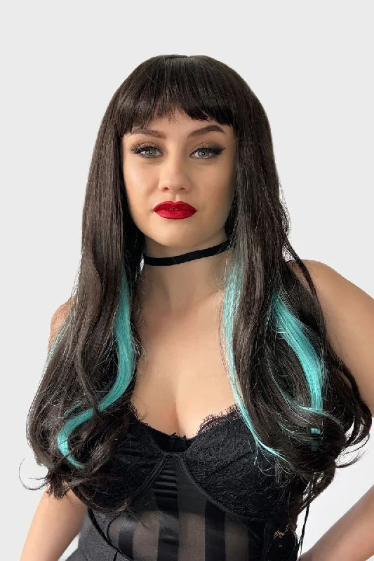 Synthetic colored wig with a heat - resistant formula for easy stylingLong dark brown wig with blue streaks and a straight fringe: Cyane