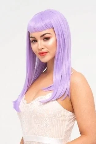 Colored wig with a wispy fringe for a soft and feminine lookLong, Pink-Purple Wig With Short, Straight Fringe: Seraphina