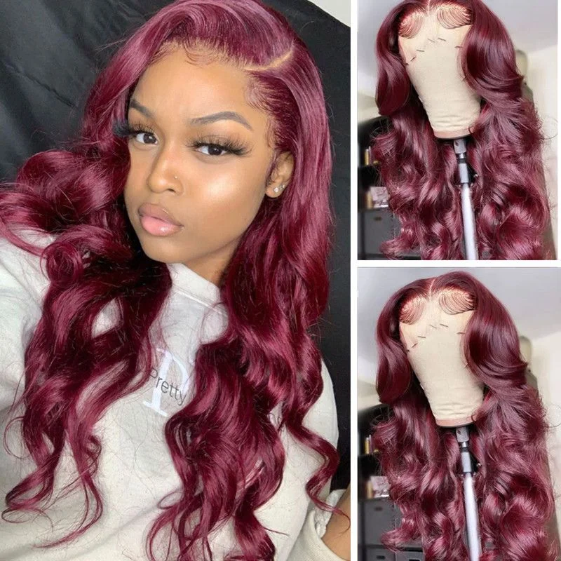 Colored wig with a curly texture for a bold and stylish choiceMahogany Red 99J# Loose Wave Lace Frontal Wig