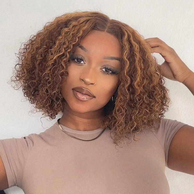 Colored wig with a curly texture for a bold and stylish choiceLuvme Hair Mix Color Brown Curly Bob Wig Glueless 13x4 Lace Front Short Wig 100% Human Hair