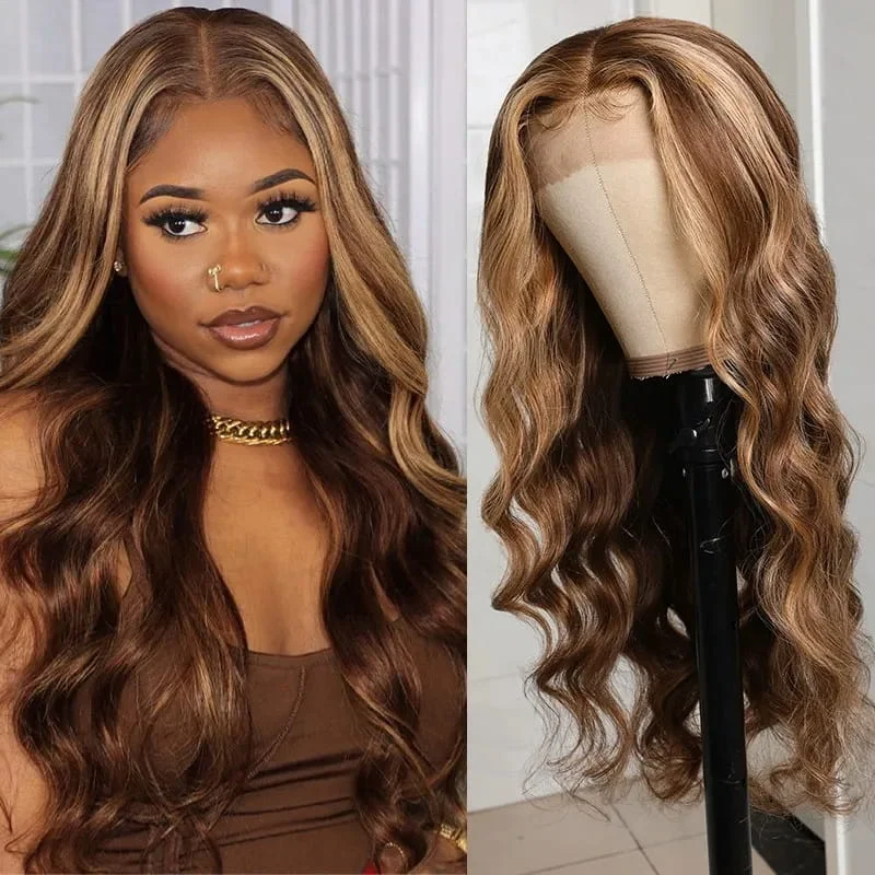 Colored wig with a blue - green ombre effect for a unique and trendy appearanceMixed Highlighted Brown Body Wave Lace Frontal Wig